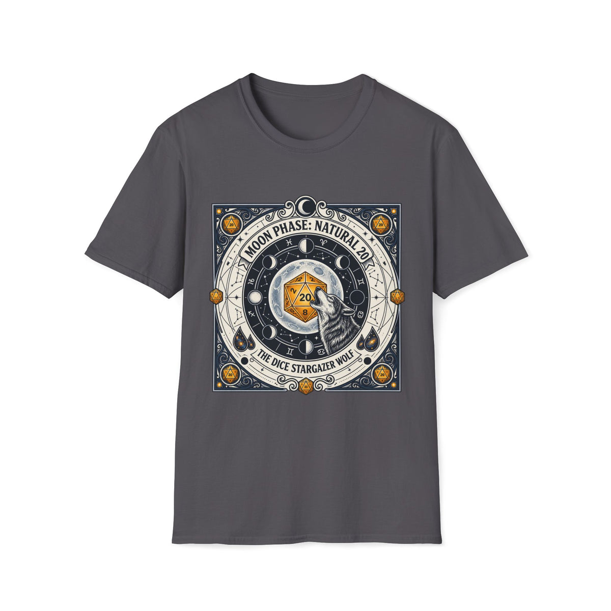Moon Phase: Natural 20 The Dice Stargazer Wolf T-shirt