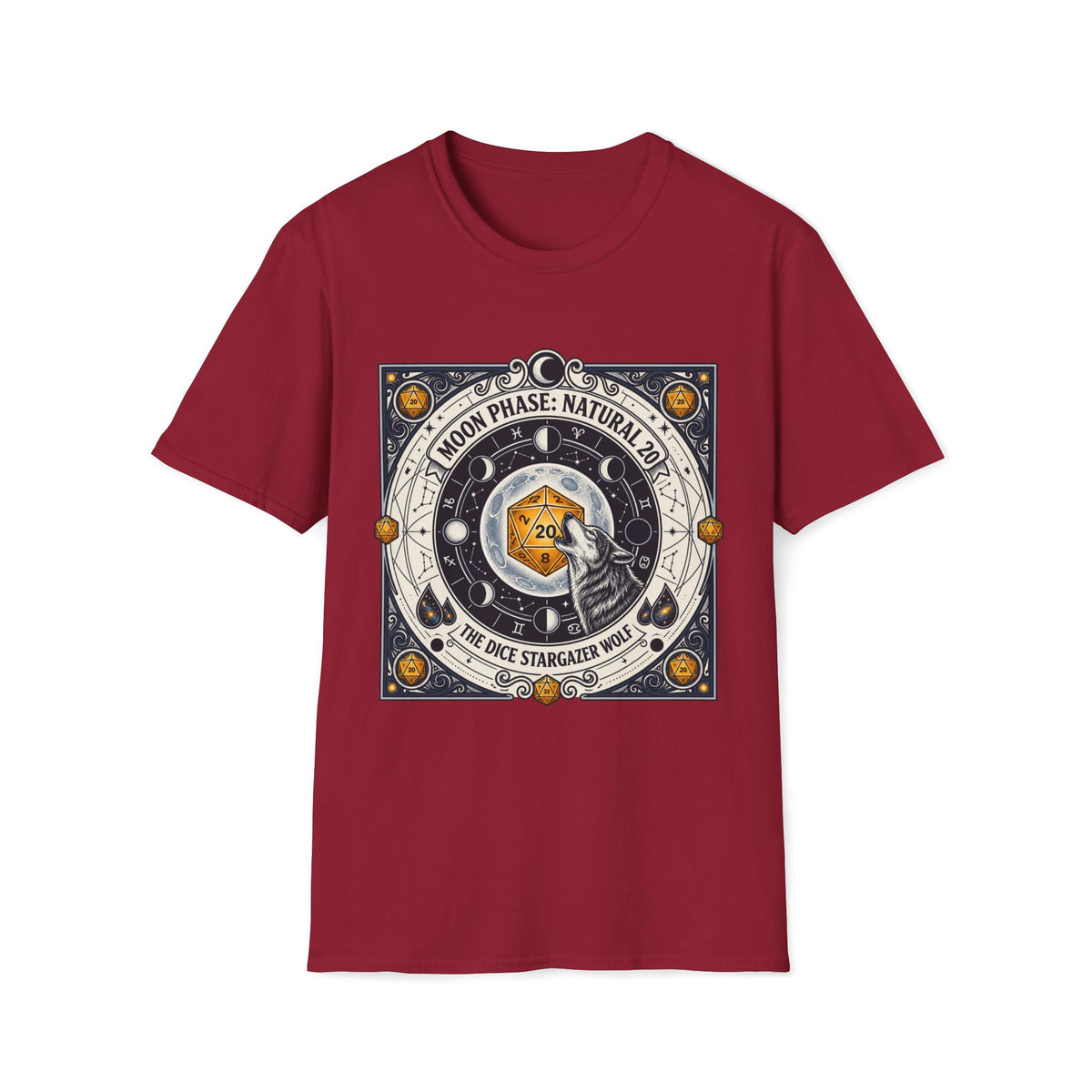 Moon Phase: Natural 20 The Dice Stargazer Wolf T-shirt