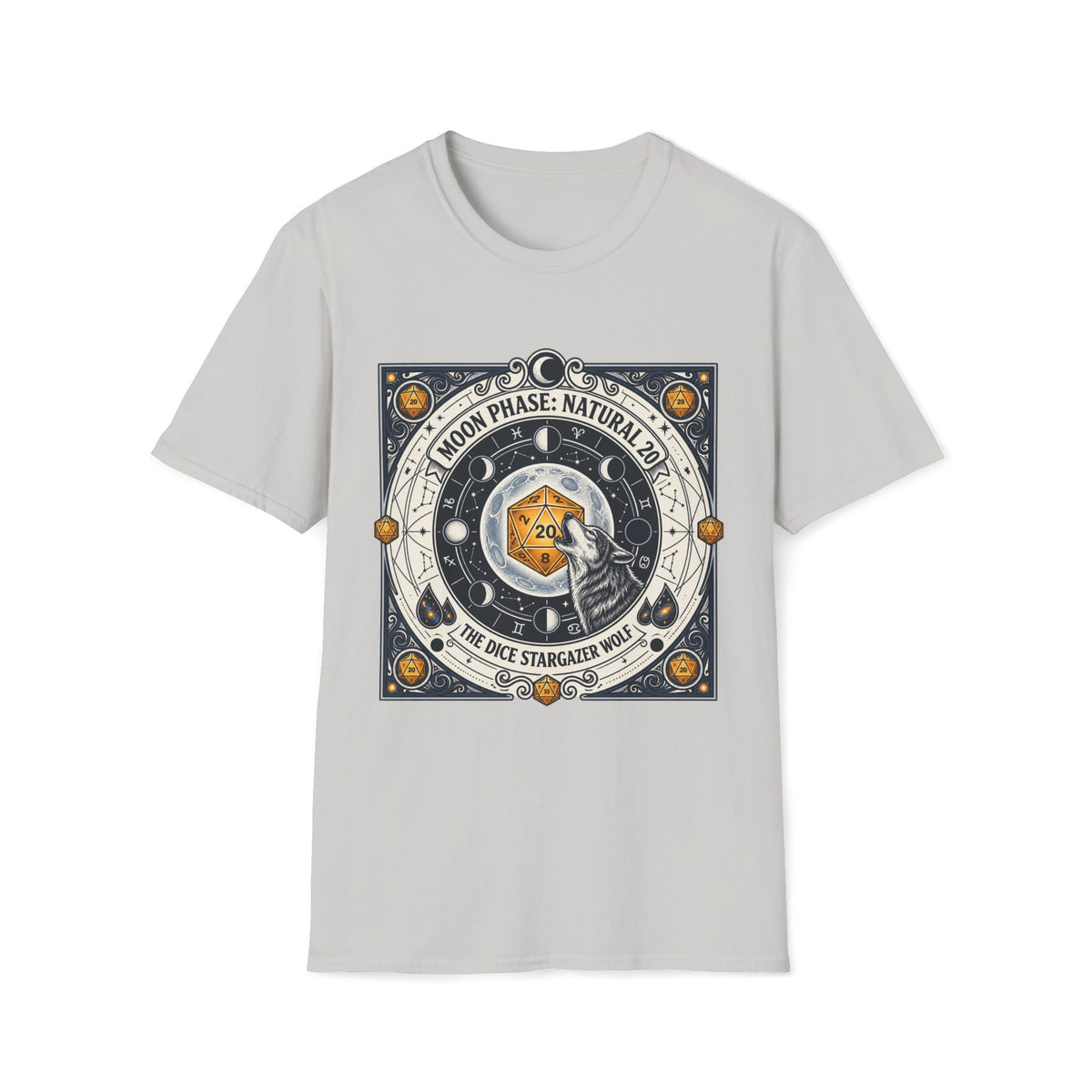 Moon Phase: Natural 20 The Dice Stargazer Wolf T-shirt