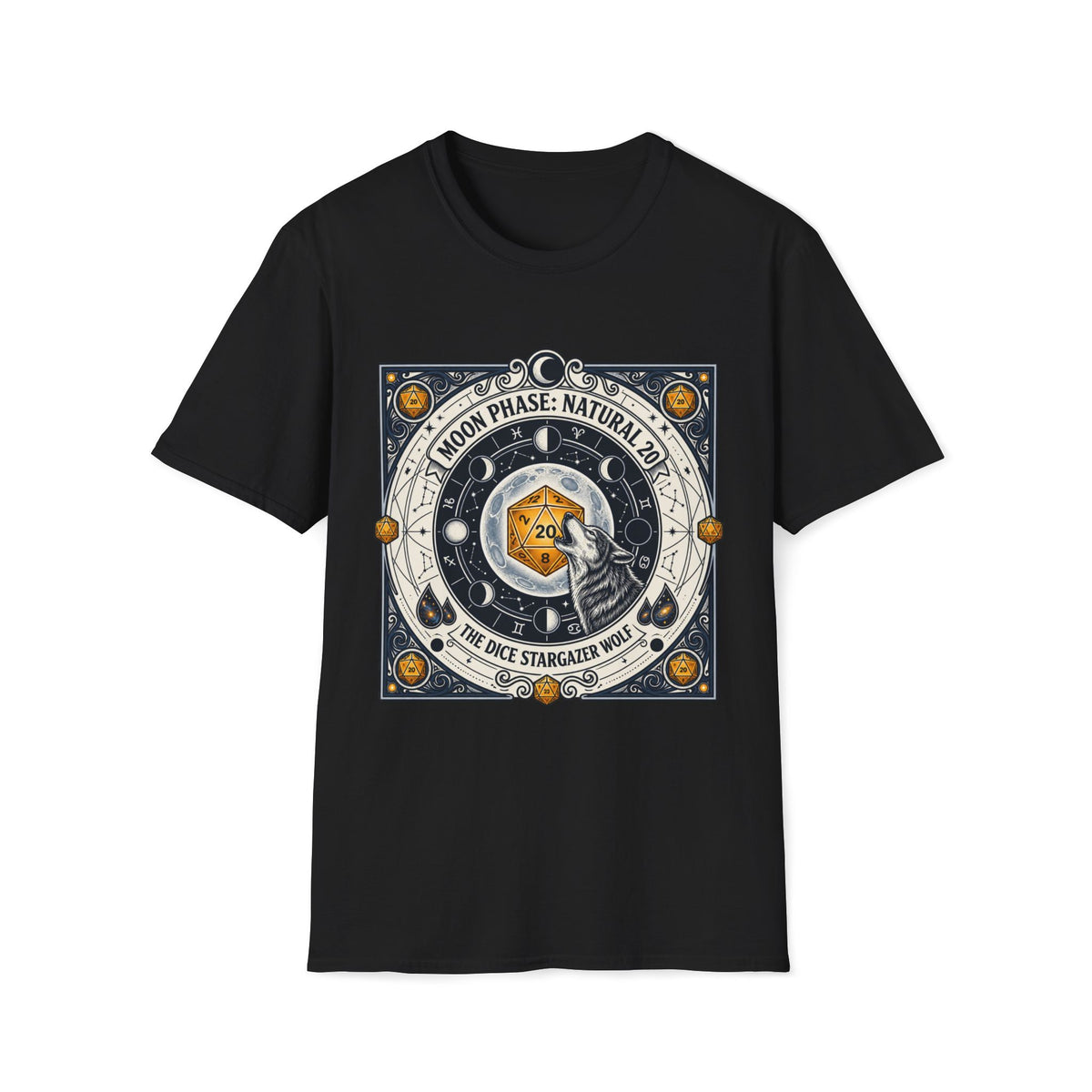 Moon Phase: Natural 20 The Dice Stargazer Wolf T-shirt