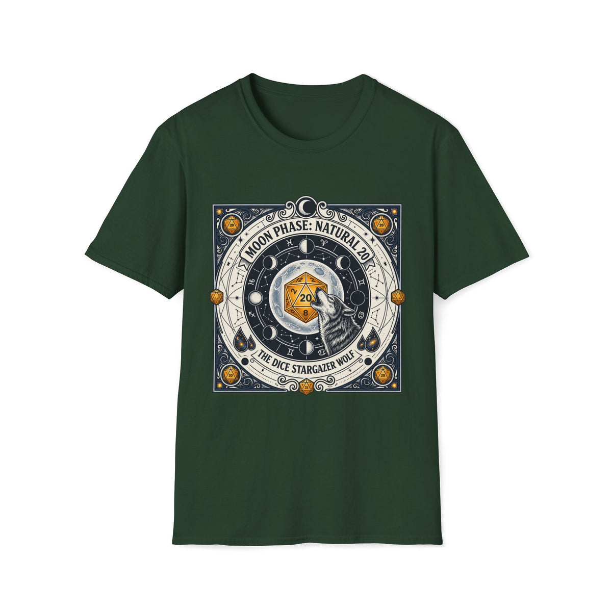 Moon Phase: Natural 20 The Dice Stargazer Wolf T-shirt