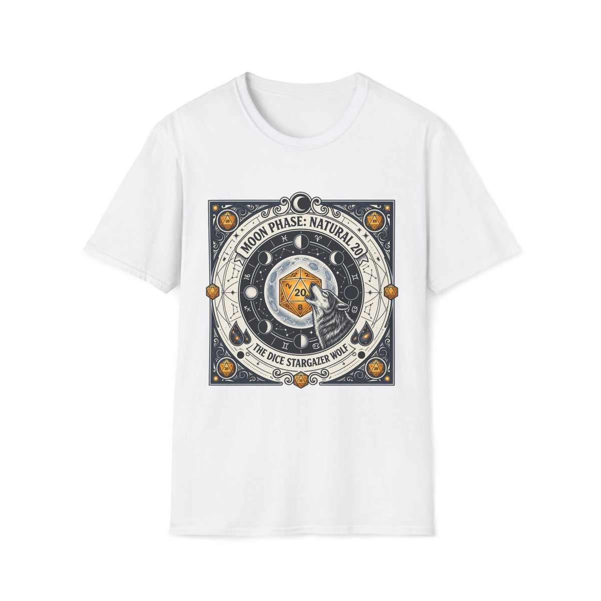 Moon Phase: Natural 20 The Dice Stargazer Wolf T-shirt