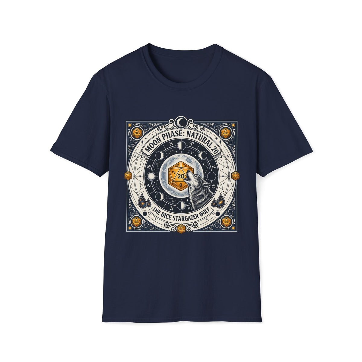 Moon Phase: Natural 20 The Dice Stargazer Wolf T-shirt