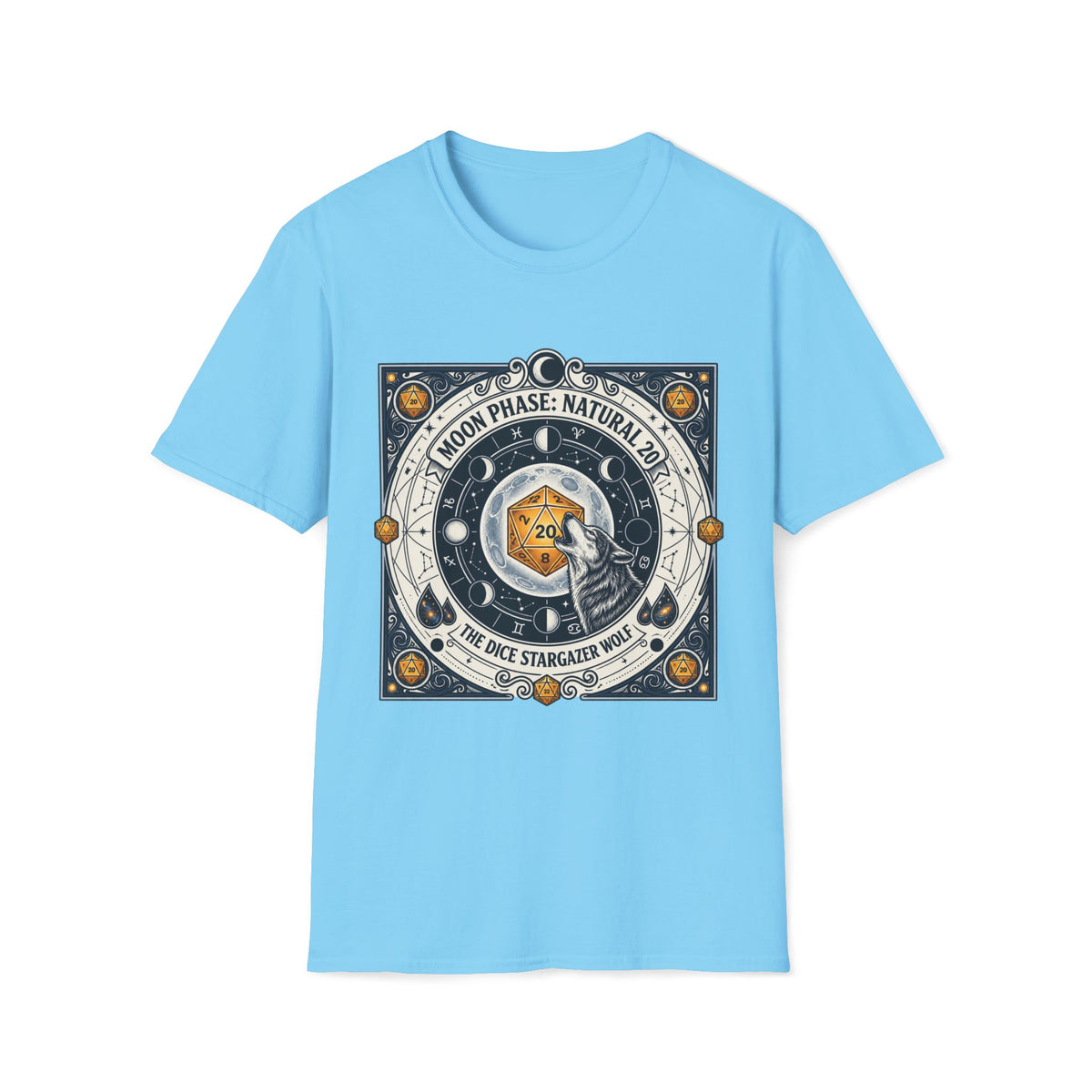Moon Phase: Natural 20 The Dice Stargazer Wolf T-shirt
